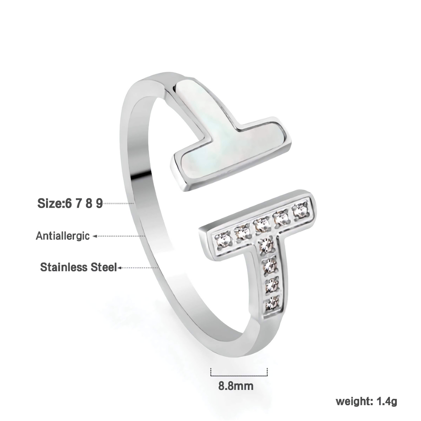 Anillo Abierto Doble T con Nácar y Circonitas - Acero Inoxidable Antialérgico