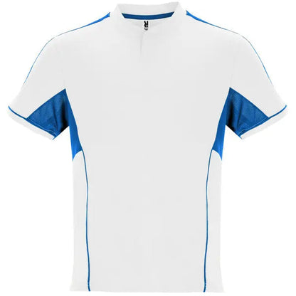 Conjunto deportivo unisex con combinación de tres tejidos, camiseta con cuello mao y apertura mediante broche de presión, interior de la manga en