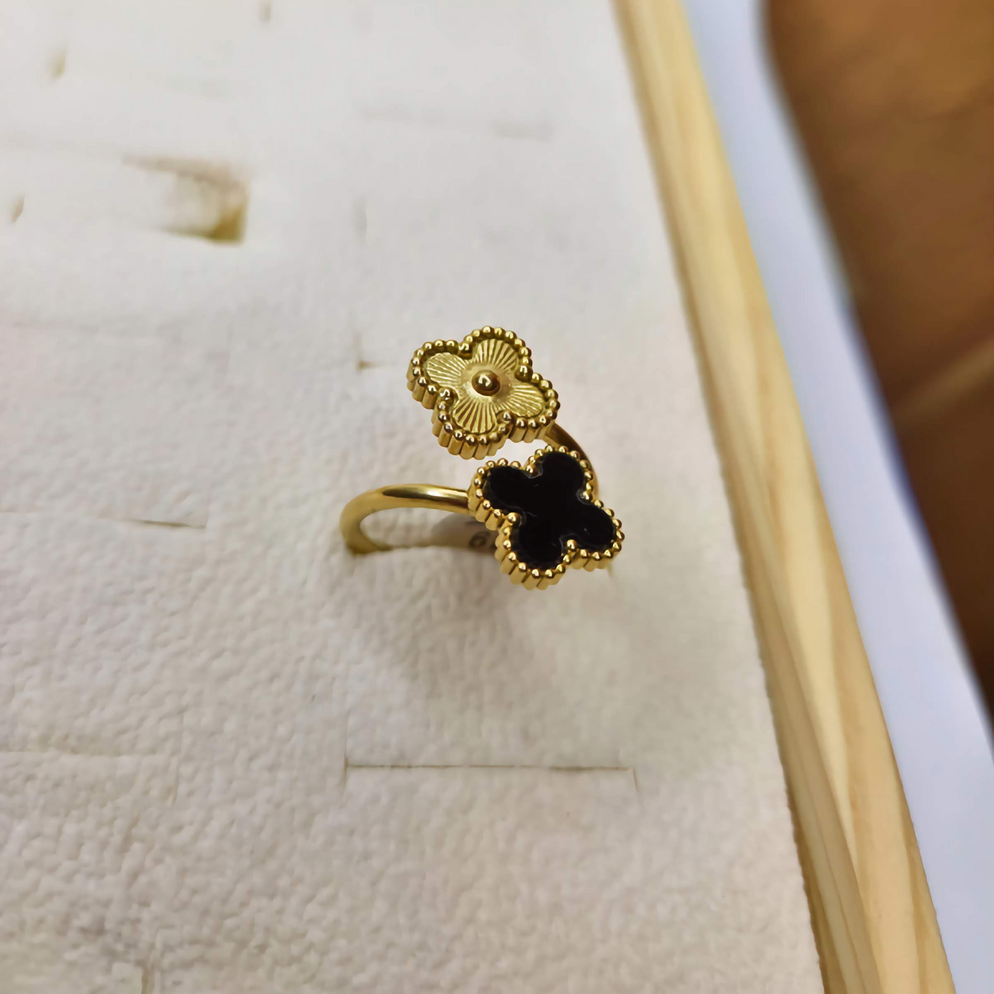 Anillo Doble Flor en Acero Baño de Oro 18K - Talla 19