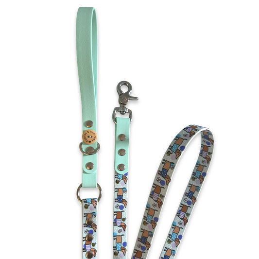 Handmade Vegan Leather Dog Leash - Bee Happy Dachshunds - Blue