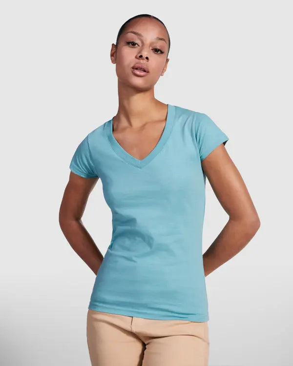 Camiseta de mujer con manga corta, escote en cuello de pico y acabados en ribete acanalado Vetonek