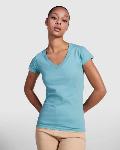 Camiseta de mujer con manga corta, escote en cuello de pico y acabados en ribete acanalado Vetonek