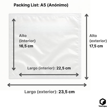 1000 Packing List A5+ | 225x165 mm (Interior); Exterior: 235x175 mm | Sobre adhesivo para Albaranes y Documentación | Tamaño A5 | Pack de 1000 Bolsas