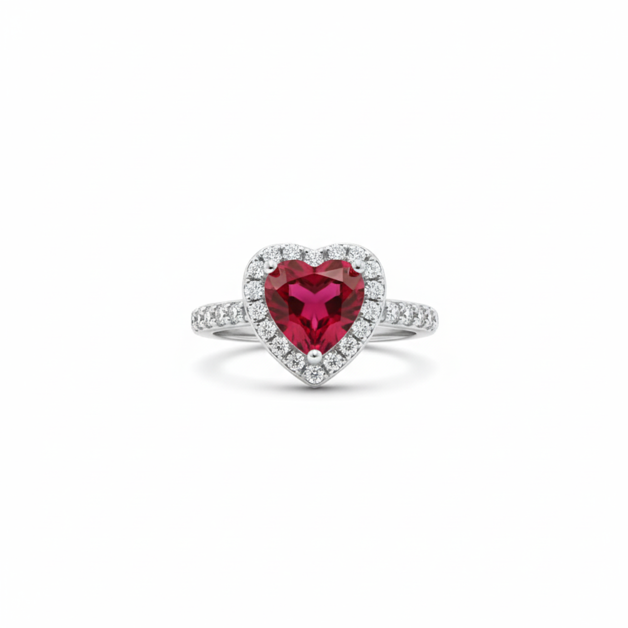 Anillo Ajustable "Reina de Corazones" con Circonita Roja y Halo – Acero Bañado en Oro Blanco 18K