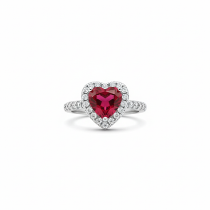 Anillo Ajustable "Reina de Corazones" con Circonita Roja y Halo – Acero Bañado en Oro Blanco 18K