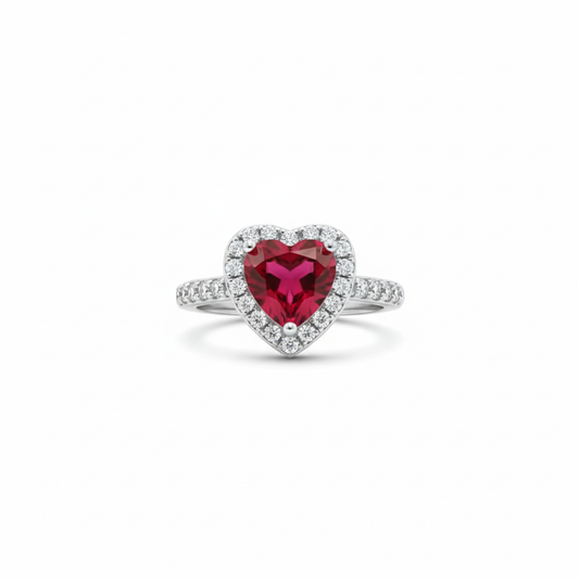 Anillo Ajustable "Reina de Corazones" con Circonita Roja y Halo – Acero Bañado en Oro Blanco 18K