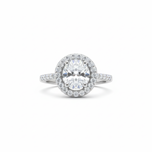 Anillo Ajustable "Gala" con Circonita Oval y Halo – Acero con Baño de Oro Blanco 18K