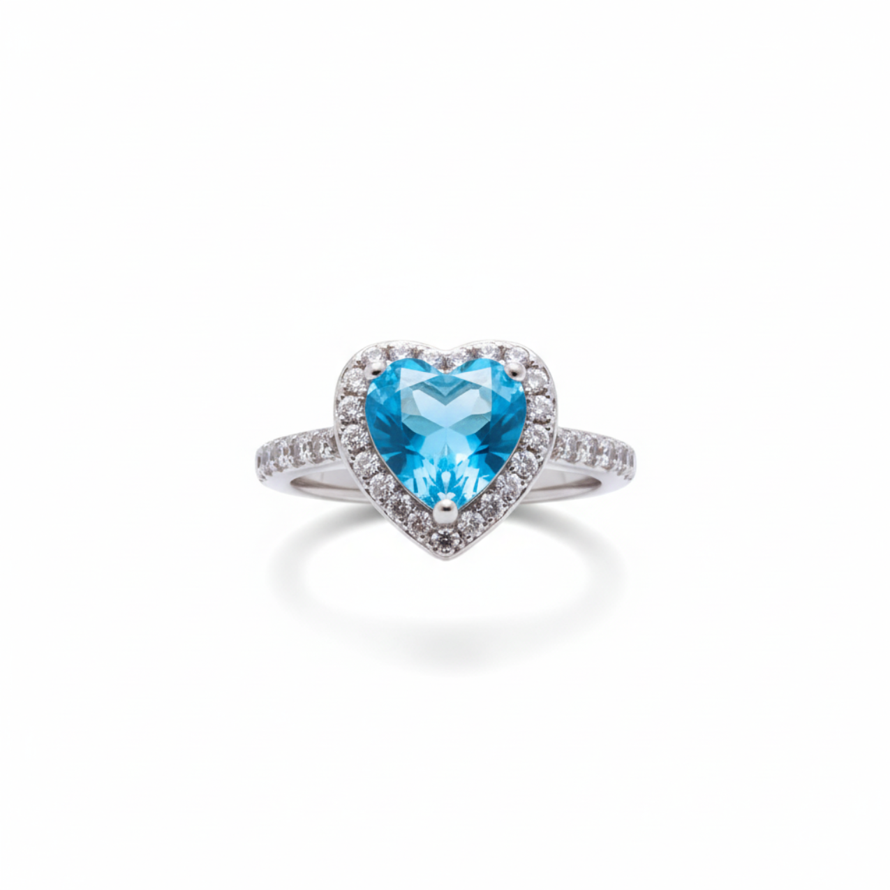 Anillo Ajustable "Corazón del Océano" con Circonita Azul y Halo – Acero Bañado en Oro Blanco 18K
