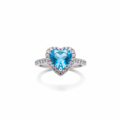 Anillo Ajustable "Corazón del Océano" con Circonita Azul y Halo – Acero Bañado en Oro Blanco 18K