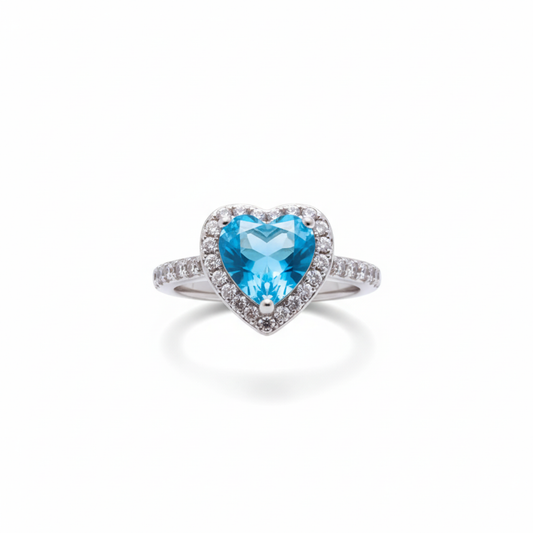 Anillo Ajustable "Corazón del Océano" con Circonita Azul y Halo – Acero Bañado en Oro Blanco 18K