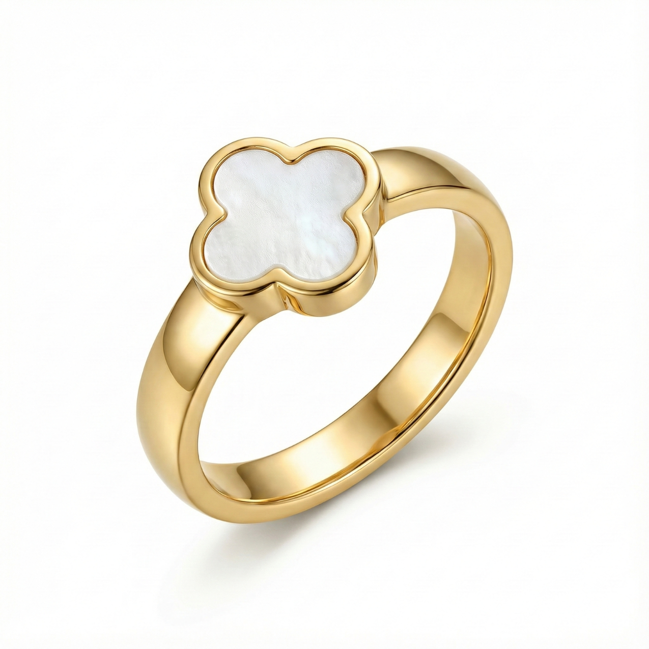 Anillo de Trébol Blanco Nácar 100% Acero Bañado en Oro 18K