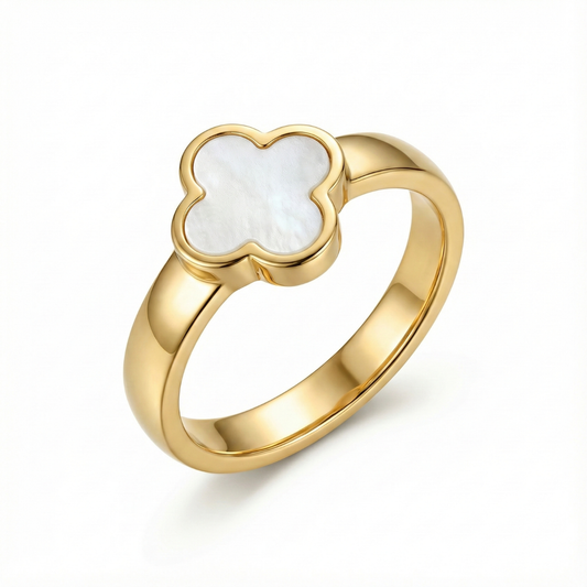 Anillo de Trébol Blanco Nácar 100% Acero Bañado en Oro 18K
