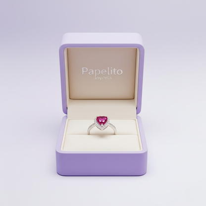 Anillo Ajustable "Reina de Corazones" con Circonita Roja y Halo – Acero Bañado en Oro Blanco 18K