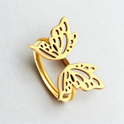 Anillo Abierto Mariposa Calada - Acero Inoxidable Bañado en Oro