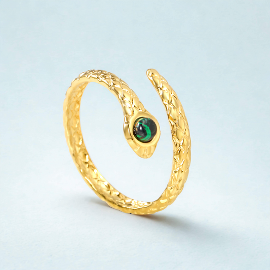 Anillo Abierto Diseño Serpiente con Ojo Verde Mármol - 100% Acero Bañado en Oro 18K