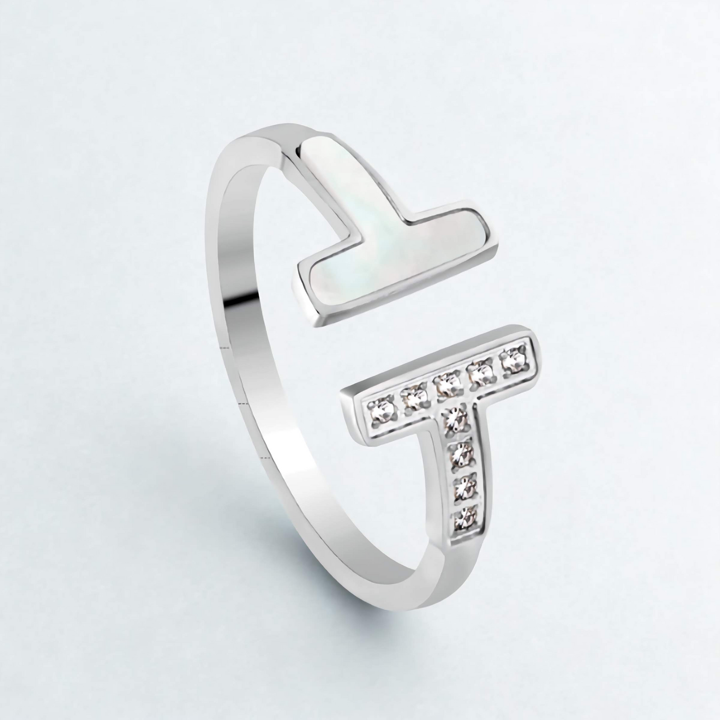 Anillo Abierto Doble T con Nácar y Circonitas - Acero Inoxidable Antialérgico