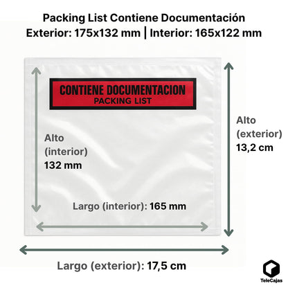 1000 Packing List A6+ | 165x122 mm (Interior); Exterior: 175x132 mm | A4 Doblado en 4 | Sobre adhesivo para Albaranes y Documentación | Pack de 1000 Bolsas