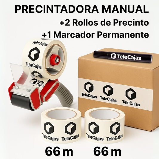 Precintadora Manual con Corte y Freno (50 mm) – Incluye 2 Rollos de Precinto Cierre de Cajas + Marcador Grueso Permanente Rotulación de Cajas