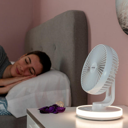 Ventilador de Escritorio Recargable con Luz LED – Silencioso, Portátil y Oscilante