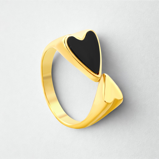 Anillo Abierto Corazón Negro - 100% Acero Bañado en Oro 18K