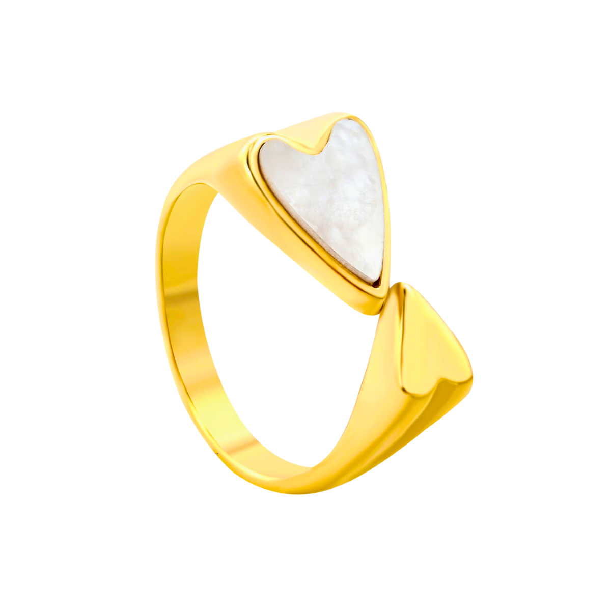 Anillo Abierto con Diseño de Corazones y Nácar Blanco - 100% Acero Bañado en Oro 18K