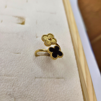Anillo Doble Flor en Acero Baño de Oro 18K - Talla 19