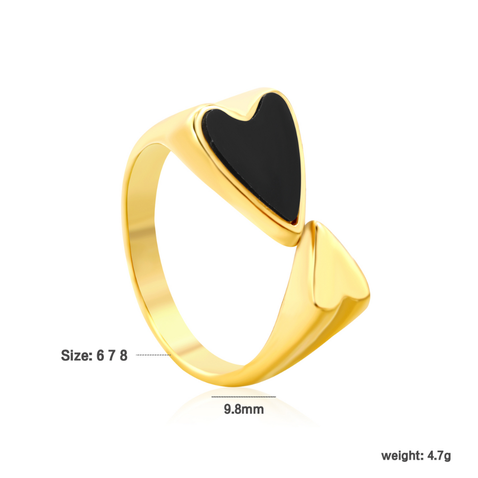 Anillo Abierto Corazón Negro - 100% Acero Bañado en Oro 18K