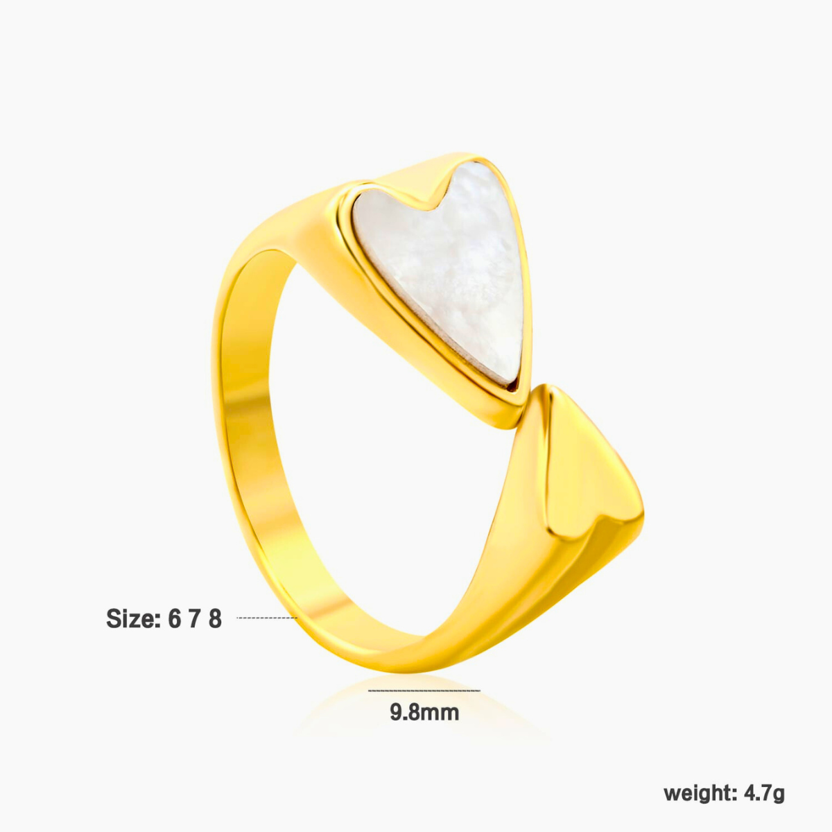 Anillo Abierto con Diseño de Corazones y Nácar Blanco - 100% Acero Bañado en Oro 18K
